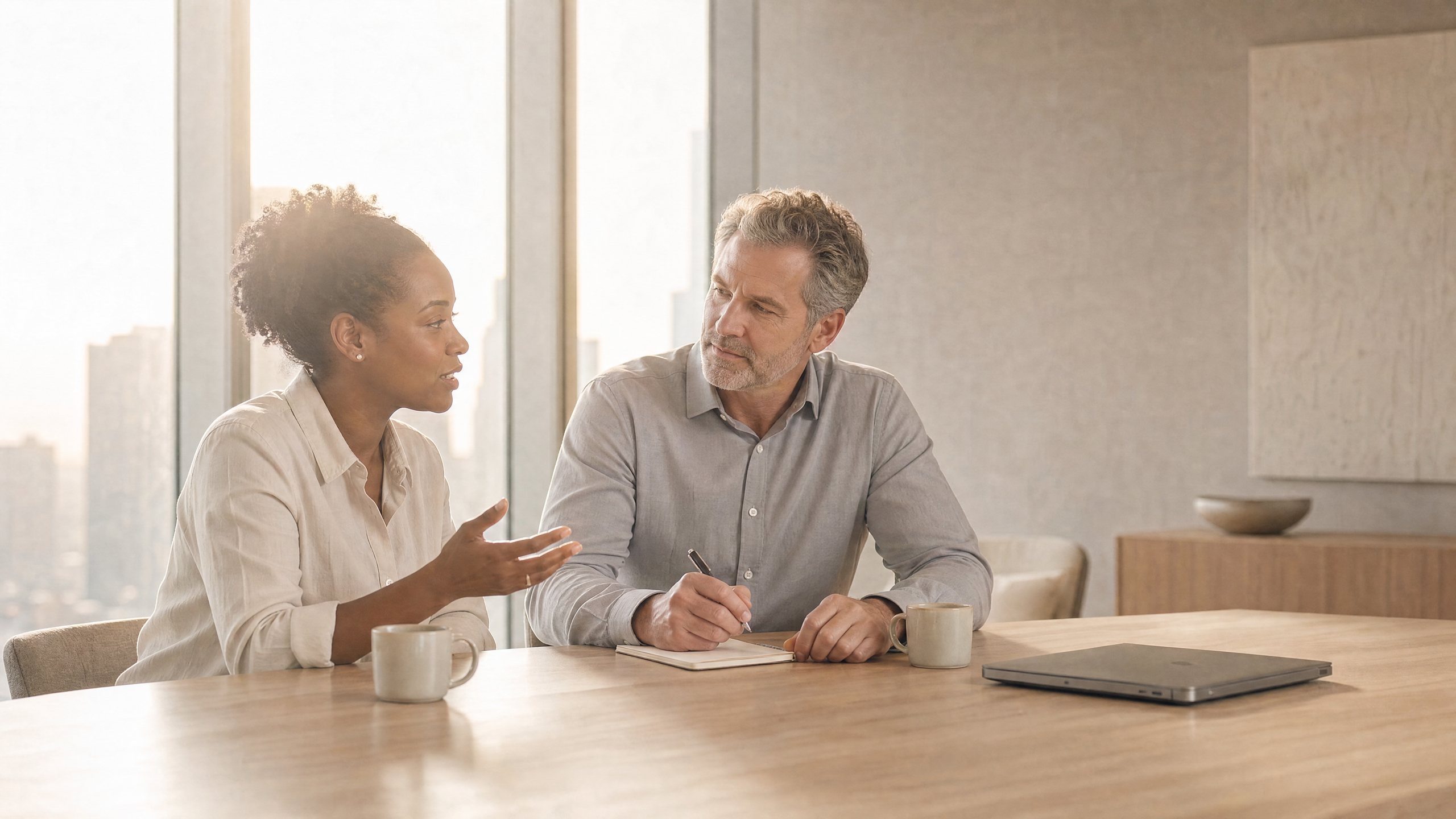 Two colleagues at a table, one making a commitment while the other notes it