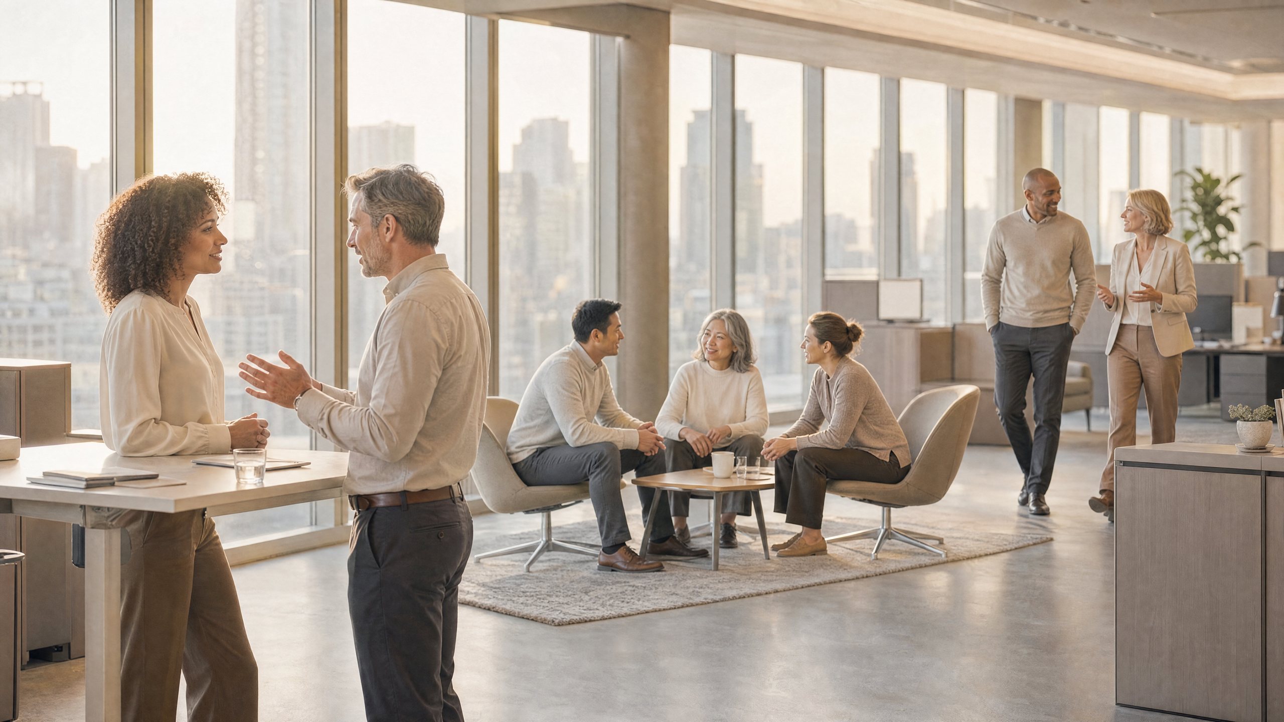 Colleagues across an open office floor, each group in conversation with one another